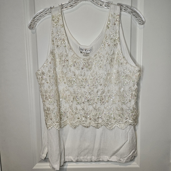 Icing 100% Rayon White Cream Sequin Embellished Crinkle Crop Tank Top Medium - Picture 2 of 11